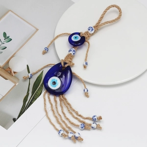 Evil eye tassel pendant with blue glass beads and handmade hemp rope for car hanging