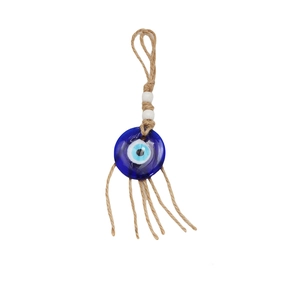 Turkish Evil Eye hanging ornament with blue glass eye, hemp rope and white beads