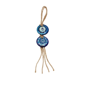Handmade Evil Eye pendant with blue mandala beads and natural hemp rope fringe