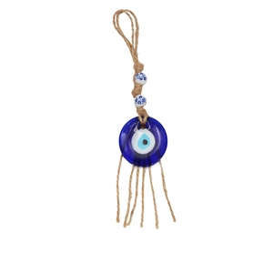 Detail of Turkish Evil Eye pendant with ceramic beads and rustic hemp rope tassel