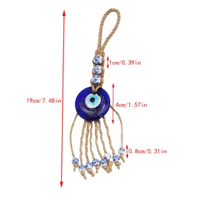 Detailed view of 19cm evil eye pendant with blue glass nazar and hemp rope dimensions