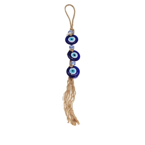 Detailed view of Turkish Evil Eye hanging decor with jute rope and floral beads