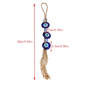 Detailed size specifications for evil eye wall hanging with jute rope and blue glass beads