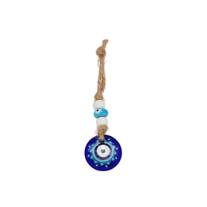 Blue evil eye hanging pendant with braided natural rope and decorative blue floral beads