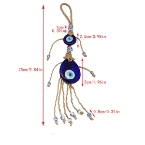 Detailed view of Turkish Evil Eye pendant with blue glass and braided hemp rope texture
