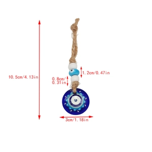 Detailed view of evil eye glass charm with hemp rope and bead size measurements