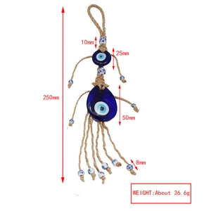 Detailed view of handmade evil eye charm with blue glass, jute rope and measurements