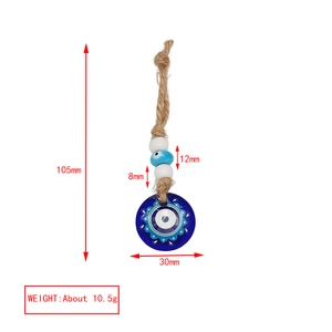 Blue Evil Eye keychain with rustic hemp rope beads and dimensions for home decor