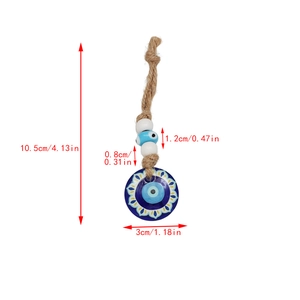 Blue evil eye keychain with hemp rope dimensions showing 10.5cm total length