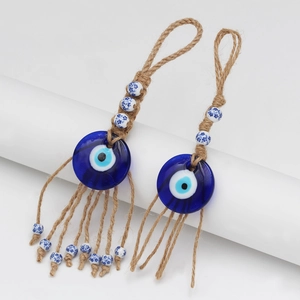 Handmade Glass Evil Eye Wall Hanging Nazar Amulet Ornament With Jute Hemp Rope Tassel Mediterranean Ethnic Style Car Pendant