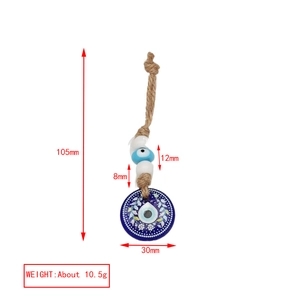 Blue Nazar evil eye pendant charm with dimensions 105mm length and hemp rope strap