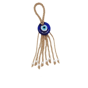 Traditional blue evil eye glass pendant with rustic hemp rope and white ceramic beads