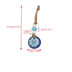 Detailed dimensions of Evil Eye keychain with blue flower pattern and hemp rope