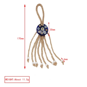 Detail view showing a 170mm blue Evil Eye hanging ornament with white beads and hemp rope