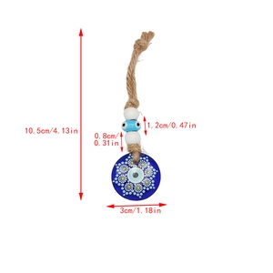 Detailed dimensions of Evil Eye keychain featuring hemp rope and blue mandala pattern