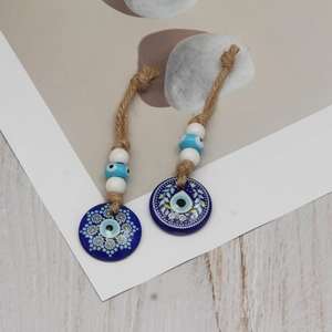 Turkish evil eye Nazar pendants with hemp rope, blue mandala ceramic charms for home decor