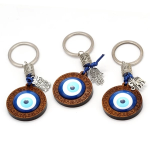 Vintage Evil Eye Keychain Blue Glass Wood Pendant Turkish Nazar Amulet With Hamsa Hand Owl Charm Lucky Protection Hanging Accessory