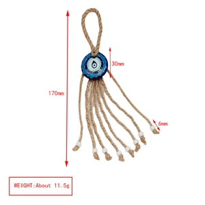 Blue Turkish evil eye pendant with jute rope and beads showing product measurements