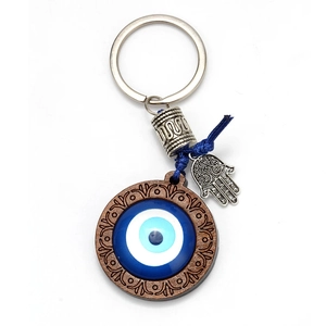 Blue Evil Eye keychain with wooden frame, Fatima hand charm, and blue braided rope
