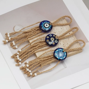 Three-piece Evil Eye hanging charms with natural jute rope and blue glass beads