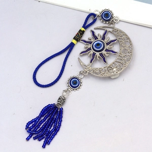 Ornement Mural Bohémien Mauvais Oeil Lune Soleil Alliage Argent Électroplaqué Verre Charme Perle Bleue Gland Pour Voiture Maison Décor