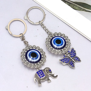 Detailed view of evil eye charms featuring elephant and butterfly designs with blue crystals