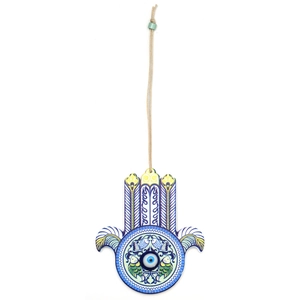 Hamsa Hand evil eye wooden keychain with Tree of Life and fish motifs on white background