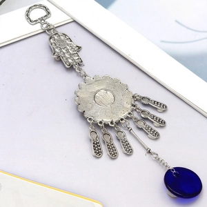 Turkish Blue Evil Eye Hamsa Hand keychain with metal floral pendants and glass bead decoration