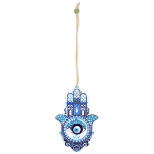 Detail view of Hamsa hand keychain with blue evil eye pattern and wooden accent bead