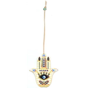 Detail of wooden Hamsa Hand keychain with Tree of Life and Blue Evil Eye protection symbol