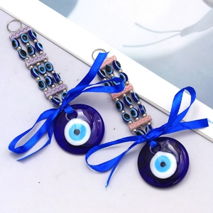 Turkish Evil Eye glass pendant keychain set with blue ribbon and beaded metal charms