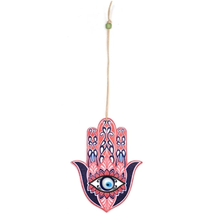 Detailed view of wooden Hamsa hand pendant with blue evil eye and mandala patterns