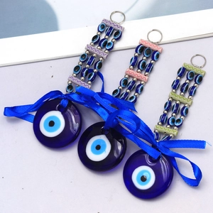 Turkish Blue Evil Eye Keychain Glass Nazar Amulet Keyring With Blue Satin Ribbon Bow For Car Home Bag Decoration Gift