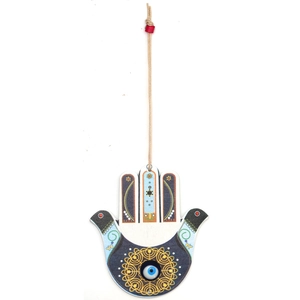 Detailed Hamsa hand wooden keychain featuring Tree of Life and Blue Eye pattern