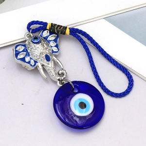Elephant evil eye pendant keychain with blue braided rope and silver alloy details