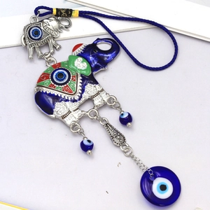 Colorful elephant pendant with blue evil eye glass beads for home or car decor