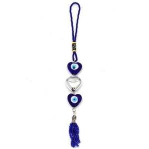 Blue Evil Eye heart keychain with woven rope, glass pendants and beaded tassels