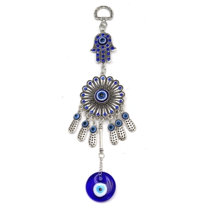 Silver Hamsa hand keyring with blue evil eye glass beads and floral sun disk pendant
