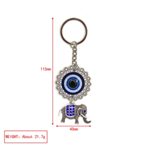 Detailed view of evil eye elephant keychain with 115mm length and 40mm width dimensions