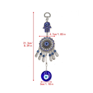 Detailed view of silver Hamsa Hand Evil Eye charm with 21.3cm total length measurements