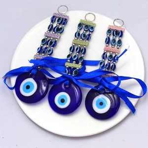 Turkish Blue Evil Eye Keychain Set with Silk Bow and Beaded Charms for Car Accessories