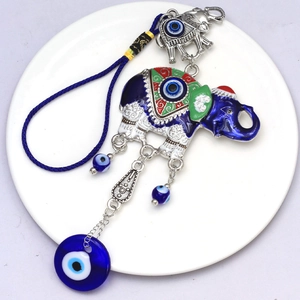 Blue Turkish evil eye elephant hanging ornament with glass bead pendants and silver accents
