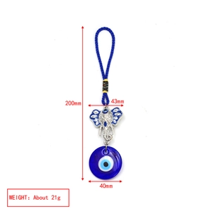 Detail view of Evil Eye Elephant keychain showing exact 200mm length and 43mm width