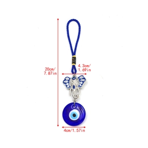 Detail of blue Evil Eye elephant keychain showing dimensions and intricate handicraft