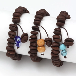 Three-piece coffee bean bead bracelet set with evil eye and turquoise stone charms