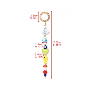Detail view of handmade beaded keychain with evil eye, smiley cloud, and heart charms