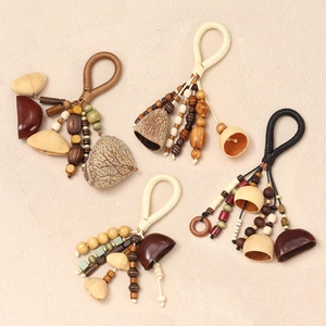Handmade Natural Nut Shell Bell Keychain Ethnic Wood Bead Bag Pendant Bohemian Style Car Ornament Accessory For Women