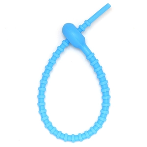 Adjustable bright blue silicone cable tie with segmented design for cord management
