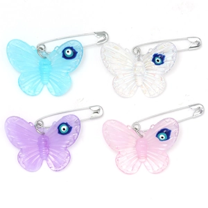 Set of four colorful acrylic butterfly pins with evil eye patterns for men and women