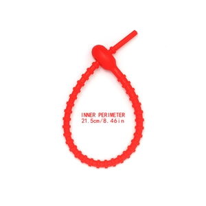 Detail of red adjustable plastic tie strap showing 21.5cm inner perimeter and buckle